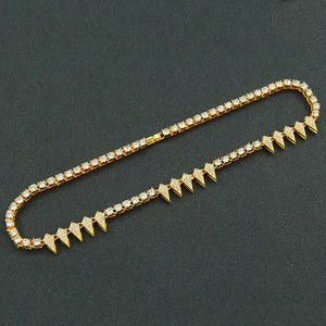 Hip hop gold plated Cuban link necklace with pavé iced out round and tapered rhinestones