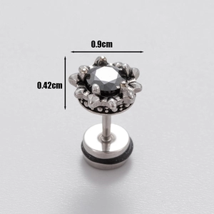 Macro view of silver steel stud earring with black zircon and 0.9cm diameter scale