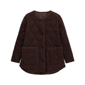 Deep brown quilted jacket with a round neck and large front pockets in a casual fit