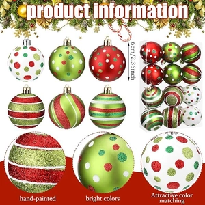 Detail of hand-painted 6cm red and green Christmas ball ornaments with glitter patterns
