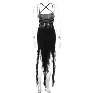Detail of cross-back straps and ruffle hem on a backless black slim fit dress