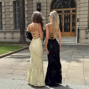 Women's sexy backless fishtail dress with 3D floral details and tie-back straps