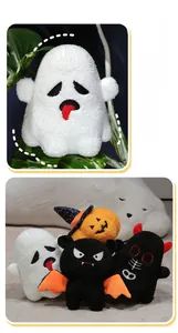 Detail of Halloween plush toys featuring white ghost, pumpkin, bat and little monster