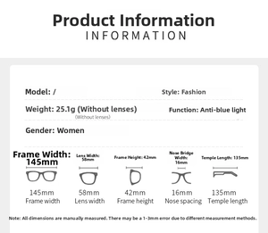 Detailed size guide for cat eye glasses with frame width 145mm and 58mm lens width