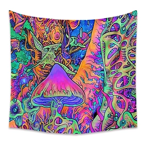 Detail of psychedelic mushroom tapestry with vibrant fluorescent forest art and vivid colors