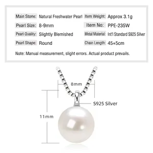 Elegant 925 sterling silver necklace featuring a round 8mm natural freshwater pearl pendant