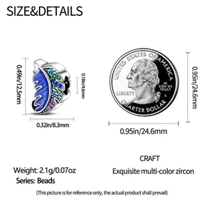 Detailed dimensions of blue feather charm bead featuring colorful zircon and silver finish