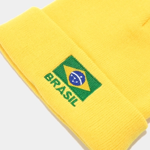 Yellow ribbed knit beanie featuring a Brazilian flag embroidery and Brasil text detail