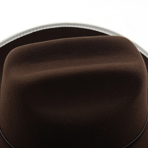 Dark brown wool felt western cowboy hat with leather band on a clean white background