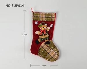 Detail of Christmas stocking with snowman doll and green plaid patterns measuring 43cm
