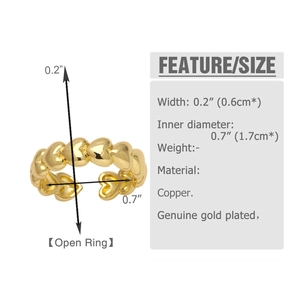 Dettagli dell'anello a cuore placcato oro 18k con dimensioni e specifiche precise mostrate