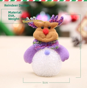Detail view of plush elk Christmas ornament made of EVA with purple sequins and bow