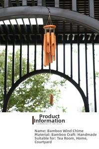 Detail of handcrafted bamboo wind chime hanging in a garden with natural wood tubes