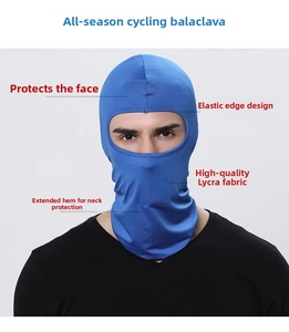 Close-up of blue cycling face mask showing elastic edges and Lycra fabric details