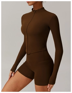 Coffee brown high-waisted yoga shorts with side pocket and sleek elastic fabric