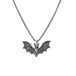 Vintage Gothic silver bat pendant necklace with wings spread on a stainless steel chain