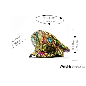 Detailed size chart of rainbow sequin captain hat with gold studs and blue rhinestones