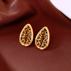 Detail of 24k gold-plated leopard print teardrop earrings on dark brown silk background