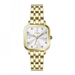 Elegant women's square quartz watch with gold stainless steel strap and crystal markers
