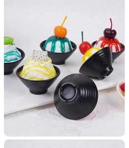 Detailed close-up of 7cm dessert bowl with spiral texture and fake fruit ice filling