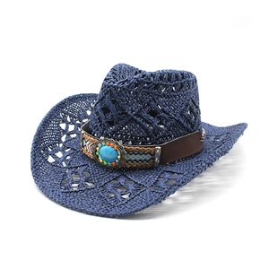 Navy blue hollow weave denim straw hat with bohemian turquoise bead band decoration