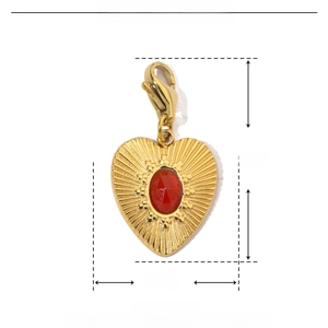 Detailed size parameters of heart-shaped gold stainless steel pendant with red natural stone