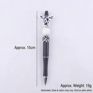 Creative cartoon cow beaded ballpoint pen with 15cm black matte body and cow print beads
