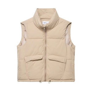 Women's beige padded vest featuring a stand collar, front zipper, and adjustable drawstring hem