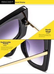Close-up of the durable gold metal hinges and black frame of the cat-eye sunglasses