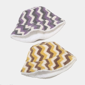 Double-sided fuzzy bucket hats with wavy stripes and warm plush lining for winter