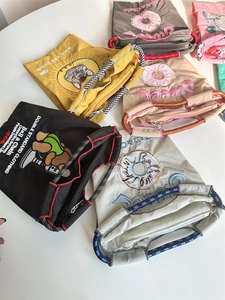 Nylon tote bags with detailed animal and food embroidery shown in various colors