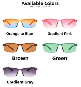 Detail view of five lens colors for frameless sports sunglasses with sleek black temples