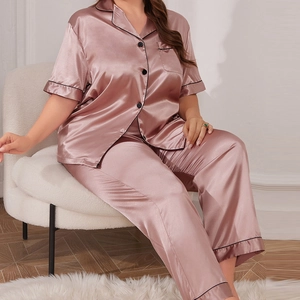 Ice silk pajama set with button-down short sleeve top and pants in dusty pink
