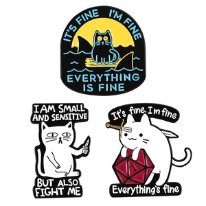 Creative black humor cat enamel pins set featuring three unique designs on white background