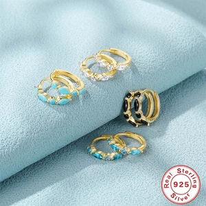 S925 Sterling Silver hoop earrings with marquise-cut colorful cubic zirconia stones