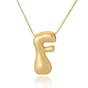 Close-up of golden bubble letter F pendant with polished surface and box chain