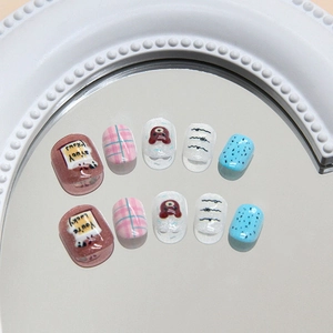 Brown cute bear cat eye press-on nails with blue pink plaid and glitter finish