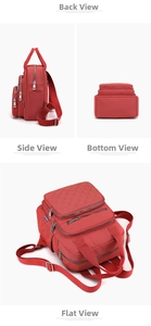 Detail view of red nylon quilted backpack showing side, bottom, and flat perspectives
