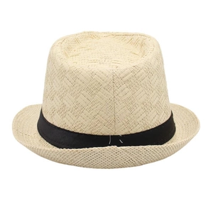 Close-up of breathable straw fedora with fine cross-weave texture and black ribbon band