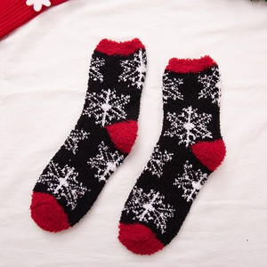 Christmas warm coral fleece socks with white snowflake pattern in red and black