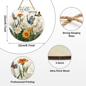 22cm circular wooden Hello Spring sign featuring floral and butterfly farmhouse wall decor