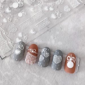 3D Embossed Nail Art Stickers White Knitted Sweater Texture Self-Adhesive Relief Decals For Winter Christmas Decoration