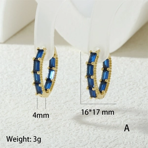 Detailed view of 18K gold-plated earrings with blue cubic zirconia and 16x17mm size specs