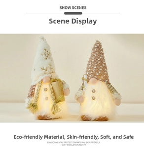 Detail showing glowing LED Christmas faceless gnomes with sequined stars and cozy warm lights