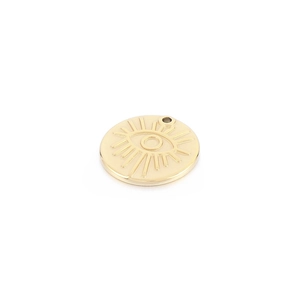 Polished gold stainless steel evil eye pendant with circular geometric design