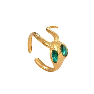 Minimalist gold snake head open ring with green gemstone eyes and textured scales