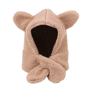 Winter plush 3-in-1 hood scarf and gloves set with cute bear ears in khaki finish
