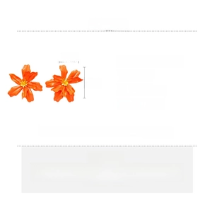 Detail showing orange acrylic flower earrings with glass beads and silver needles size specs