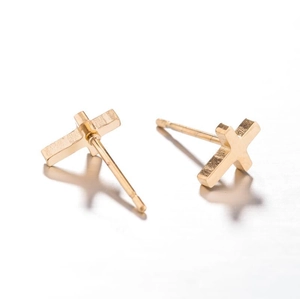 Polished gold stainless steel cross stud earrings for women with minimalist design