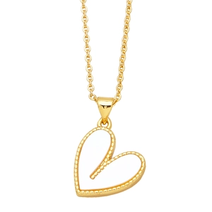 Minimalist gold heart pendant necklace with white shell inlay and beaded edges for women